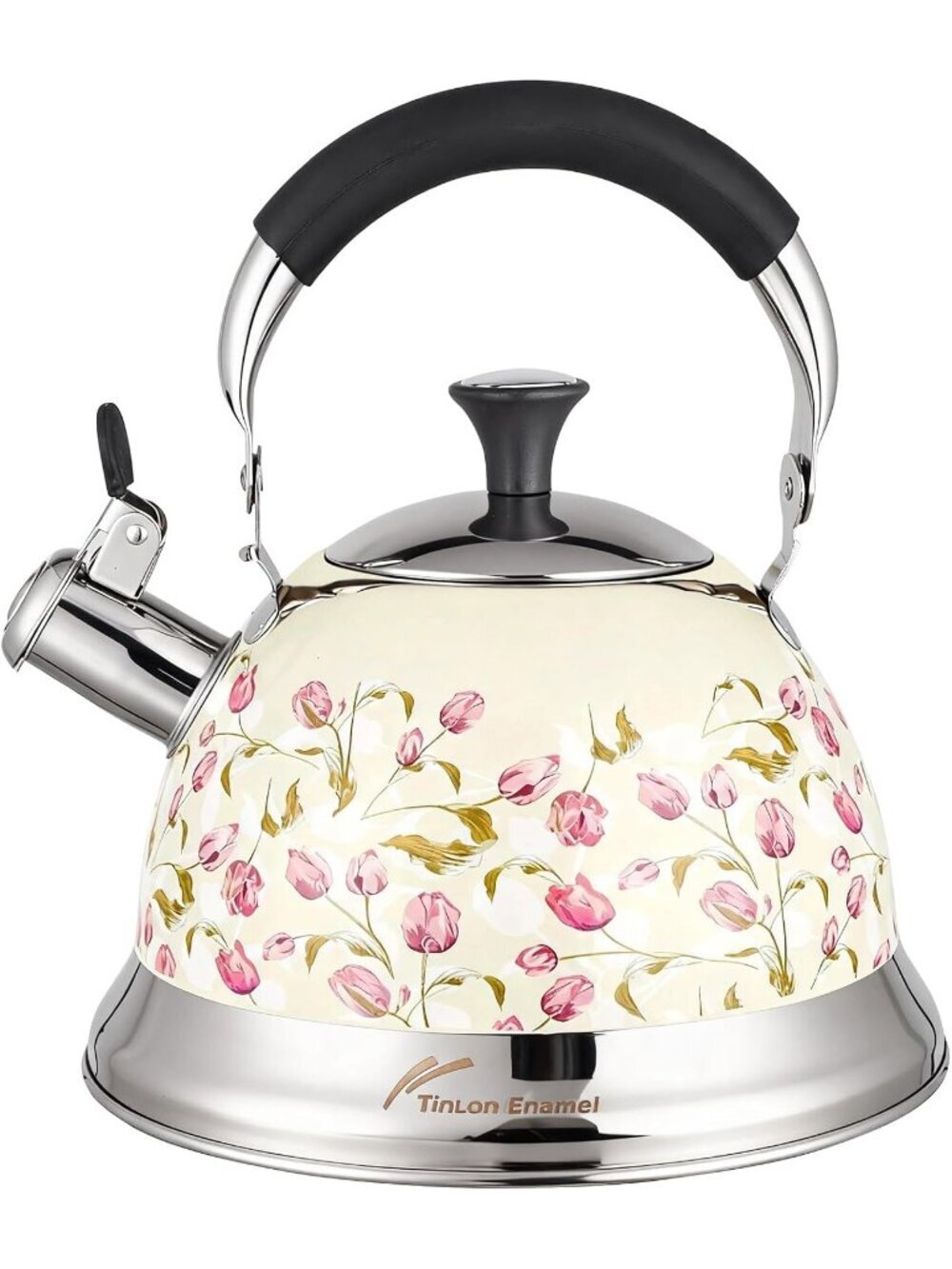 Beige Tulip Flower 304 Stainless Steel Whistling Tea Kettle 3.1 Quart Stovetop